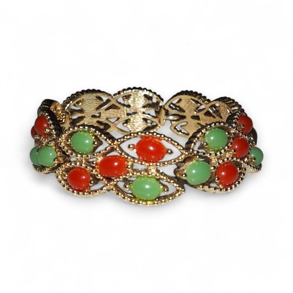 Sarah Coventry Vintage 60s Gold Tone Faux Jade & Cabochons Bracelet - Picture 3 of 7